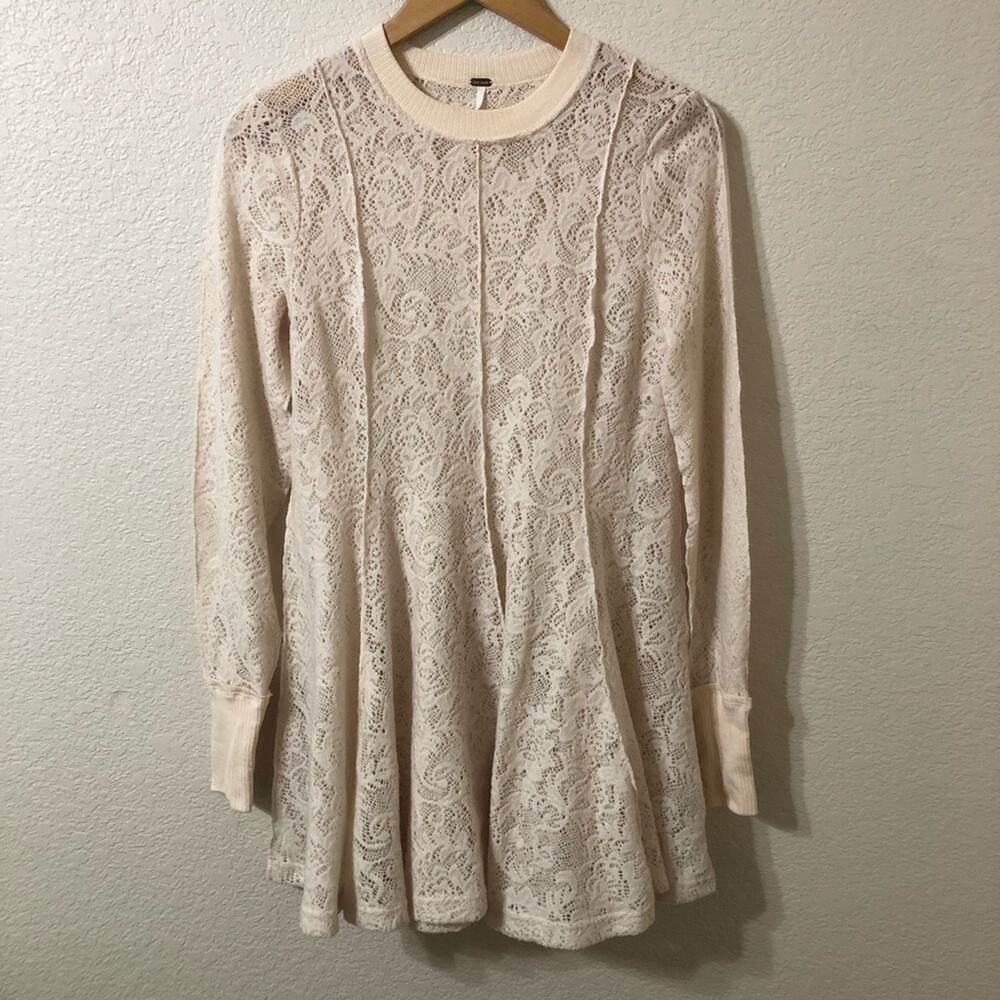 Free People Lace Knit Coffee in the Morning Tunic Mini Dress in Cream - Size XS